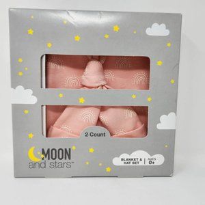 Moon and Stars Baby Blanket and Hat Set Boxed Set Pink, Baby Shower 100% Cotton